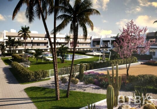 A 3D rendering of a Gran Alicante new build apartment complex with palm trees and cactus.