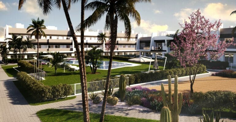 A 3D rendering of a Gran Alicante new build apartment complex with palm trees and cactus.