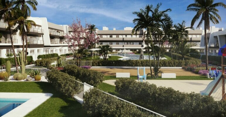 A rendering of a Gran Alicante New build apartment complex with a swimming pool and a playground.