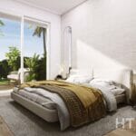 3D rendering of an Alicante New Build Apartment bedroom with a bed and a bedside table.