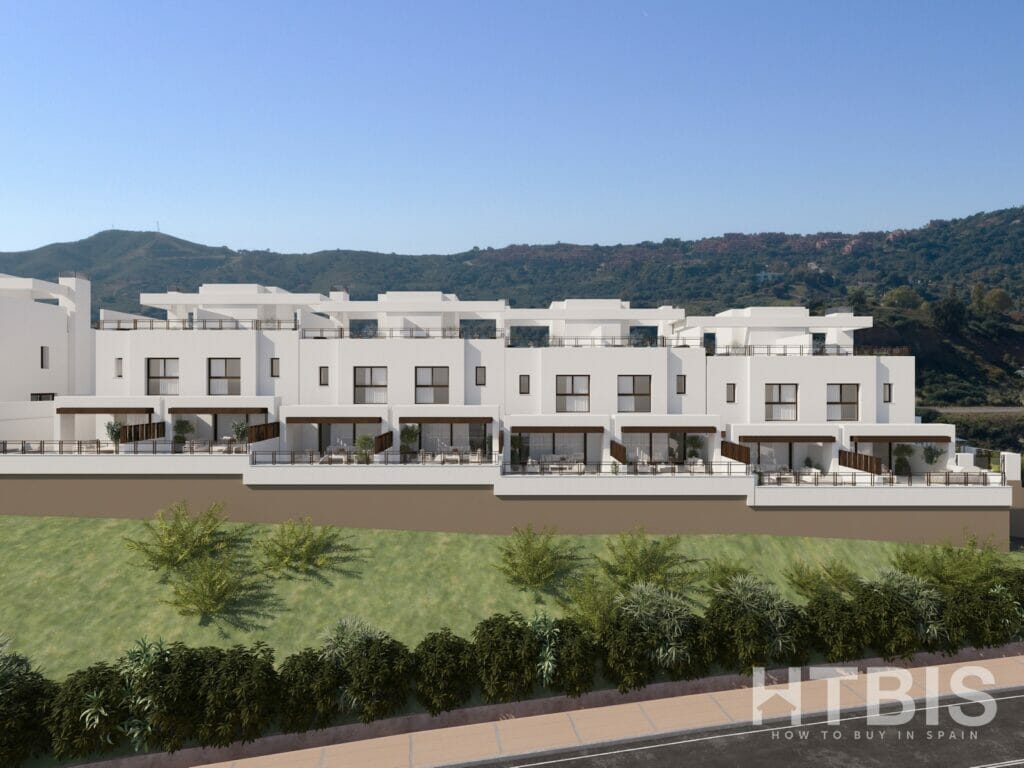 A rendering of a new build townhouse complex on a hillside in Marbella.