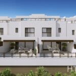 A rendering of a new build townhouse at Belaria La Cala resort, featuring balconies and terraces.