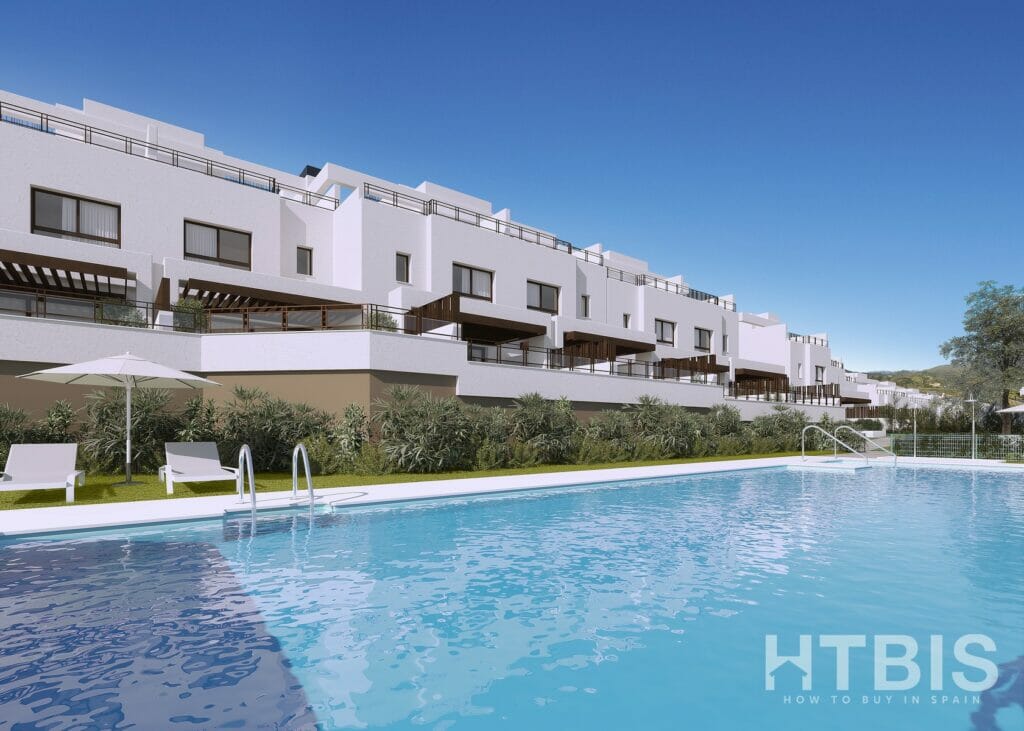 A 3D rendering of Belaria La Cala resort featuring an apartment complex with a swimming pool.