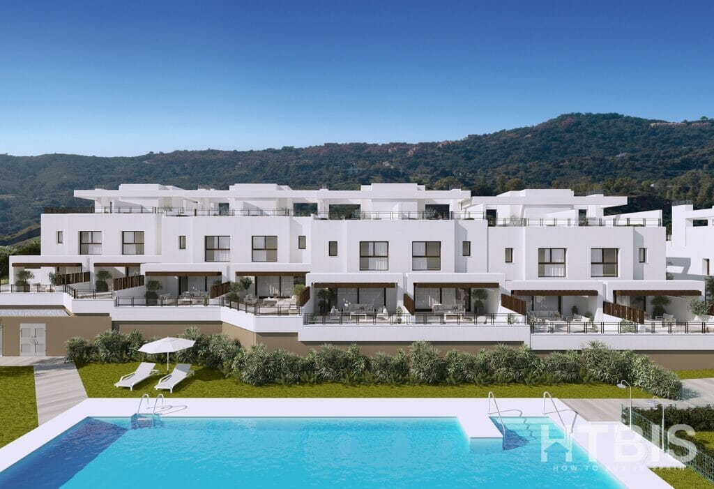 A rendering of the Belaria La Cala resort, featuring a new build townhouse and a swimming pool.
