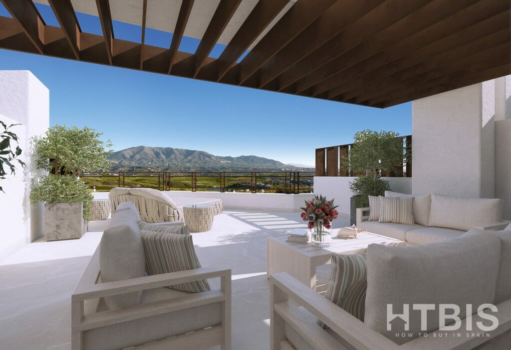 A rendering of a patio with furniture and a view of the mountains from a new build townhouse in Mijas.