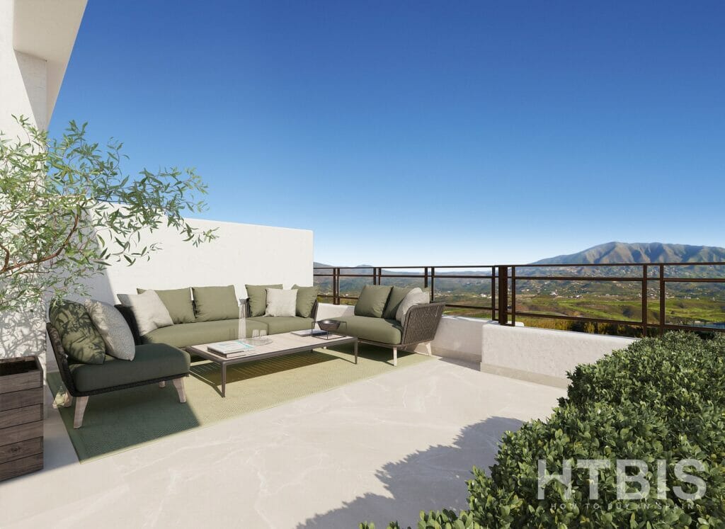 A rendering of a terrace with furniture and a view of the mountains at the New build townhouse Mijas.