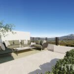 A rendering of a terrace with furniture and a view of the mountains at the New build townhouse Mijas.