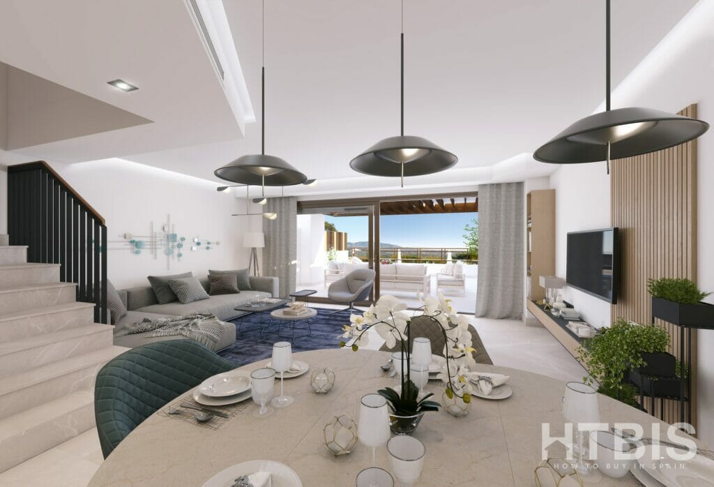 A 3d rendering of a modern living room in a new build townhouse Marbella.
