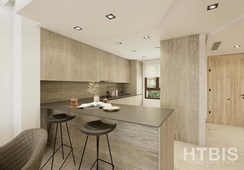 A modern kitchen with wooden cabinets and stools in a New build townhouse Costa del Sol.