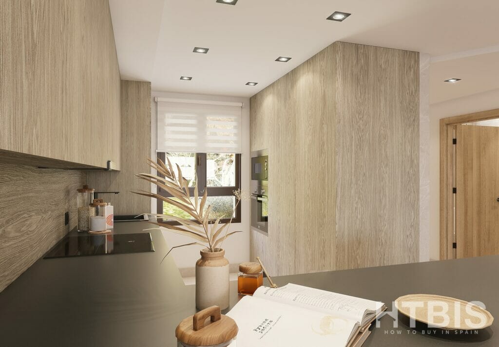 A 3d rendering of a kitchen with wooden cabinets in a new build townhouse at Belaria La Cala resort.
