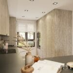 A 3d rendering of a kitchen with wooden cabinets in a new build townhouse at Belaria La Cala resort.