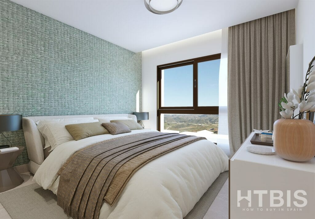 A 3d rendering of a bedroom in a new build townhouse in Mijas with a bed and a window.