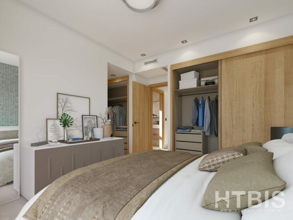 A 3d rendering of a bedroom in a new build townhouse Mijas with a bed and closet.