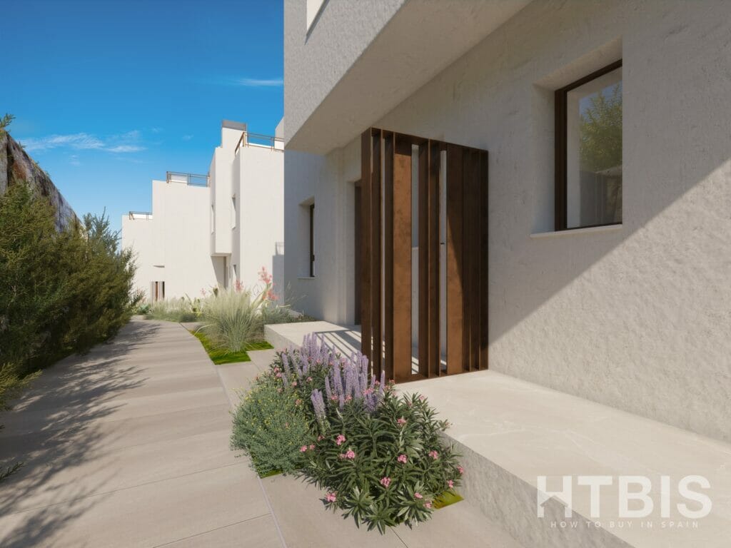 A 3d rendering of an entrance to a new build townhouse in Marbella.