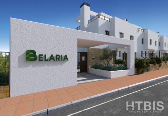 A 3d rendering of a new build townhouse with the word Belaira on it in La Cala resort.