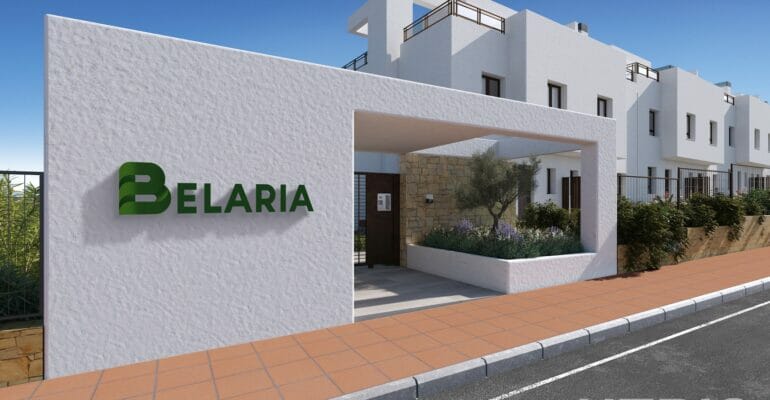 A 3d rendering of a new build townhouse with the word Belaira on it in La Cala resort.