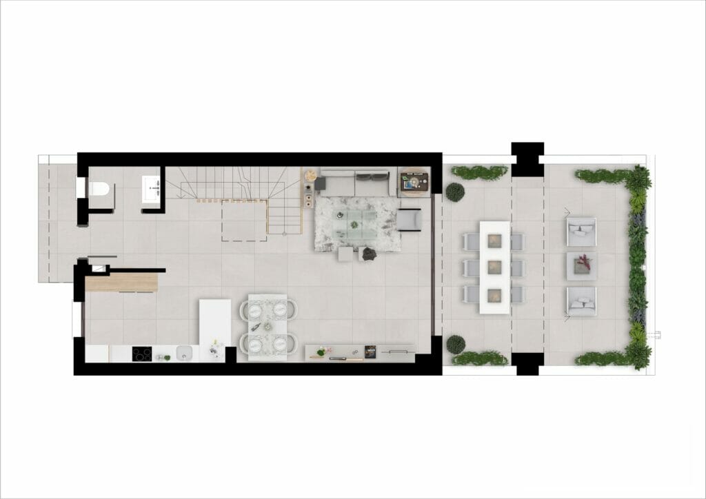 A floor plan of a New build townhouse Marbella with two bedrooms and a living room.