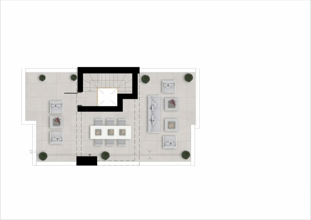 A floor plan of a New build townhouse Marbella with a kitchen and dining area.