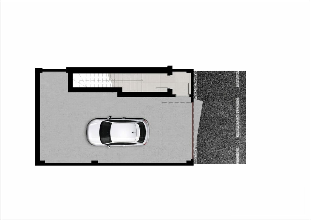 A floor plan of a garage in the Belaria La Cala resort with a car parked in it.
