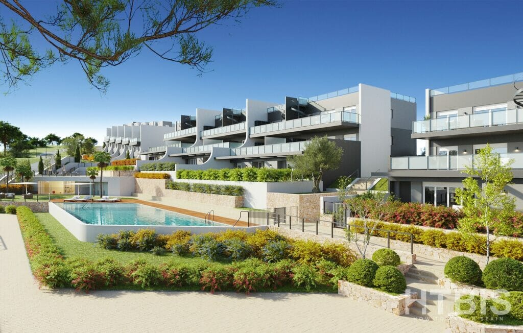 A rendering of a New Build Alicante apartment complex with a swimming pool.