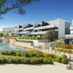 A rendering of a New Build Alicante apartment complex with a swimming pool.