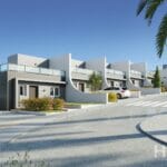 A 3D rendering of a modern villa with palm trees, highlighting a new build apartment in Alicante.