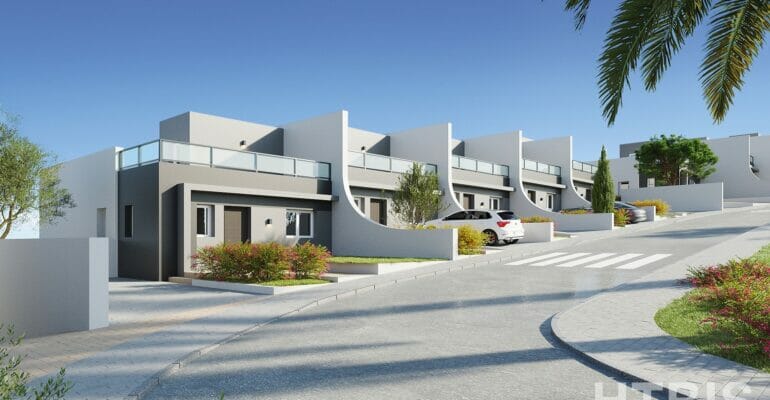 A 3D rendering of a modern villa with palm trees, highlighting a new build apartment in Alicante.