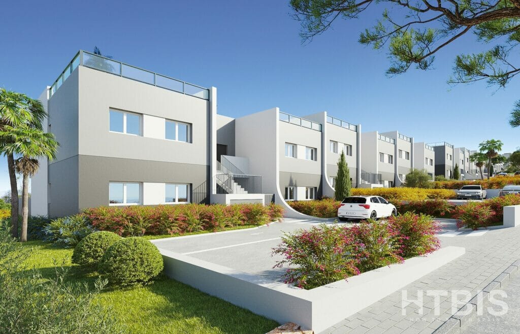 A 3D rendering of a modern Benidorm new build apartment complex.
