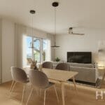 A 3D rendering of a living room and dining area in a new build apartment in Benidorm.