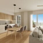 A rendering of a modern kitchen and dining area in a cheap Alicante property for sale.