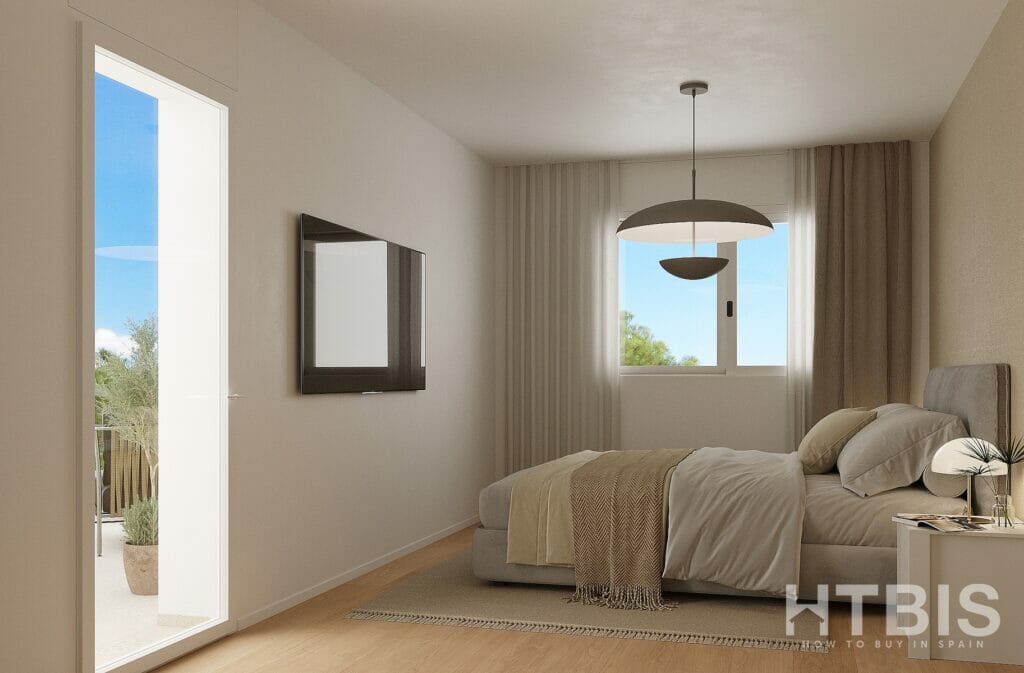 A 3d rendering of a bedroom in a Benidorm new build apartment, featuring a bed and a bedside table.