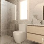 A 3D rendering of a bathroom in an Alicante new build apartment, featuring a toilet and sink.