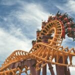 An amusement park roller coaster in the sky near a Benidorm New build apartment.