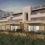 A 3D rendering of an apartment complex in Malaga with mountains in the background.