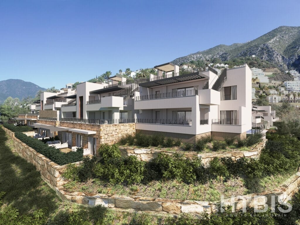 A 3D rendering of an apartment complex in the mountains of Malaga.