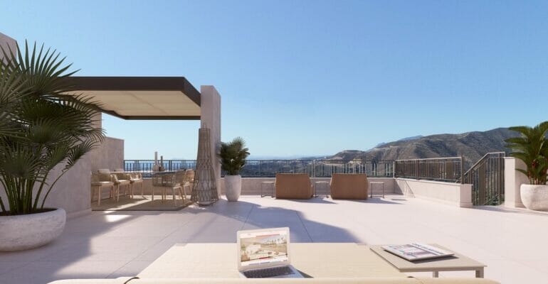 A 3d rendering of a terrace with furniture in an apartment in Malaga and a view of the mountains.