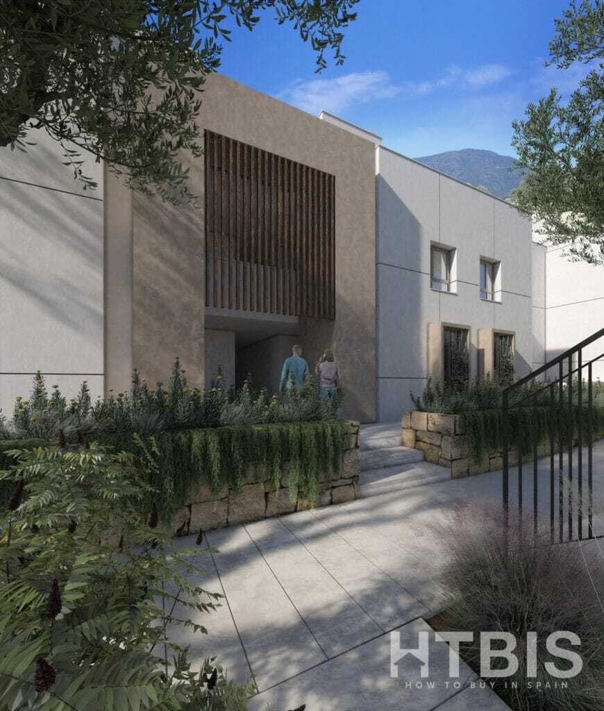 A 3d rendering of the entrance to an apartment in Malaga.