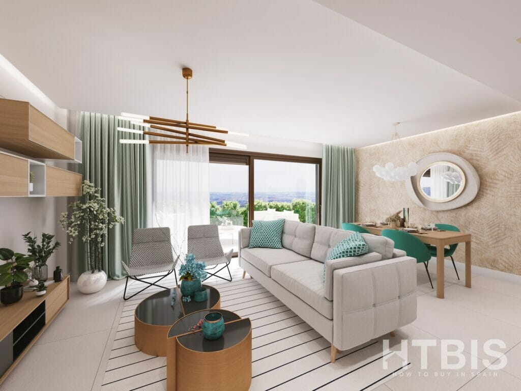 A rendering of a living room in a modern apartment in Malaga.