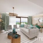 A rendering of a living room in a modern apartment in Malaga.