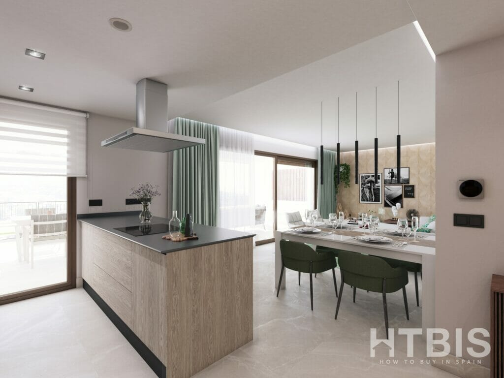 A 3D rendering of a modern kitchen and dining area in an apartment in Malaga.
