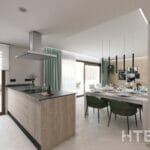 A 3D rendering of a modern kitchen and dining area in an apartment in Malaga.