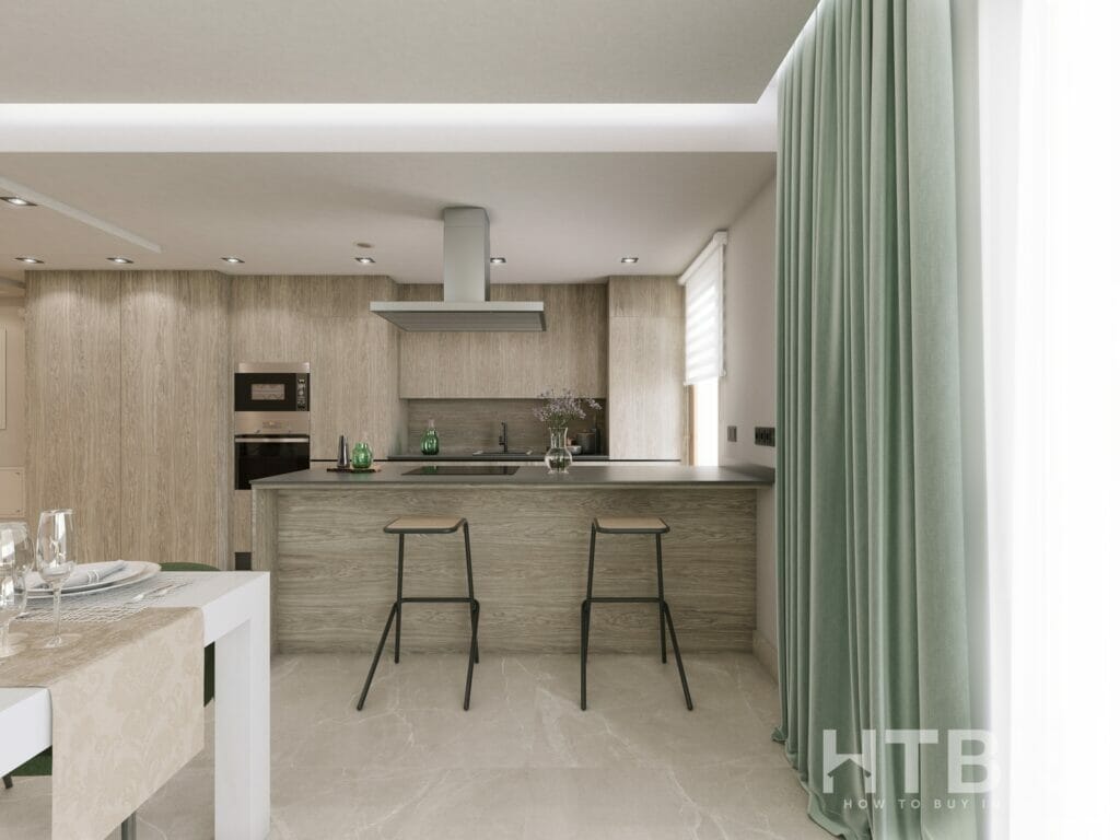 A 3D rendering of a kitchen and dining room in an apartment in Malaga.
