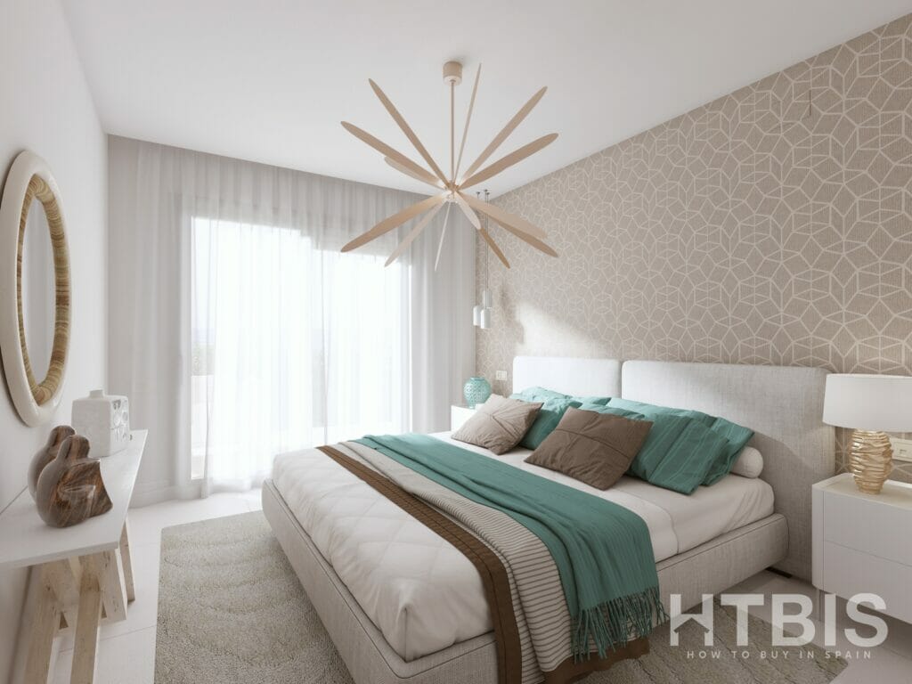 3D rendering of a bedroom in a modern apartment in Malaga.