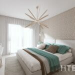 3D rendering of a bedroom in a modern apartment in Malaga.