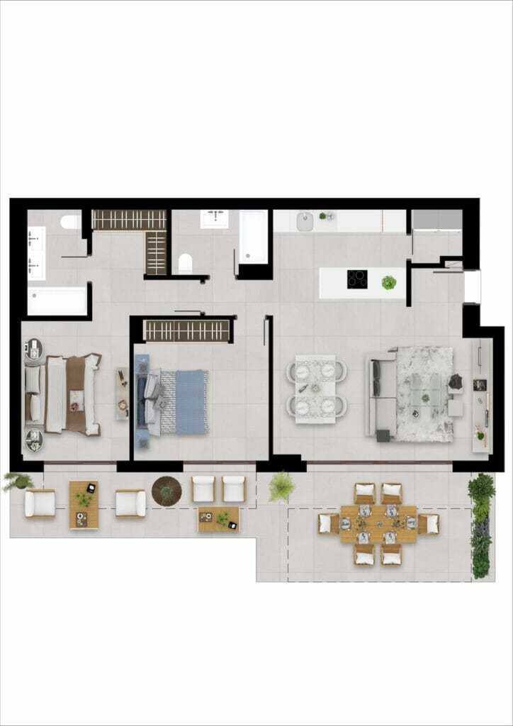 A floor plan of a two-bedroom apartment in Malaga.