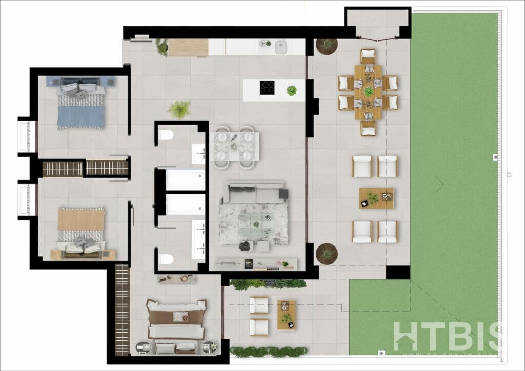 A floor plan of a two-bedroom apartment in Malaga.