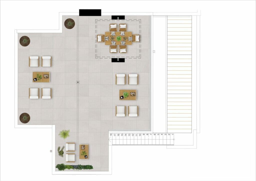 A floor plan of a living room and dining area in an apartment in Malaga.