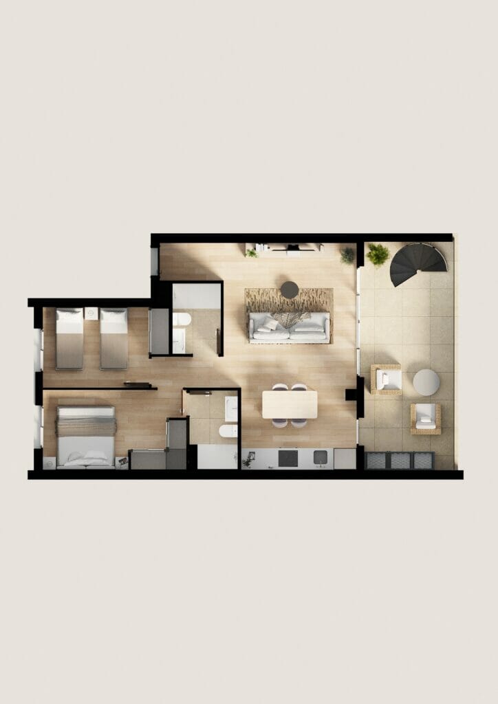 A floor plan of a two-bedroom Alicante new build apartment.