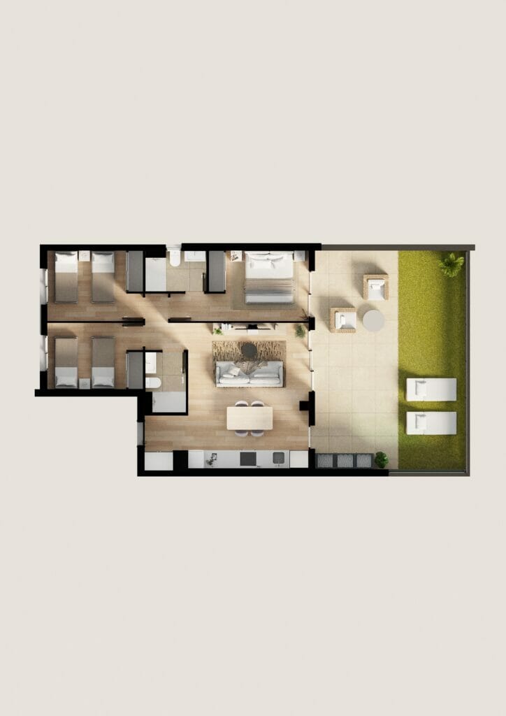 A floor plan of a two-bedroom new build apartment in Benidorm.