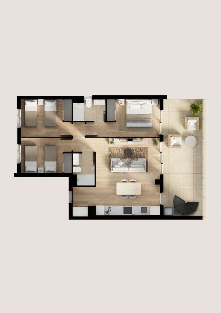 A floor plan of a two-bedroom Alicante New Build Apartment.